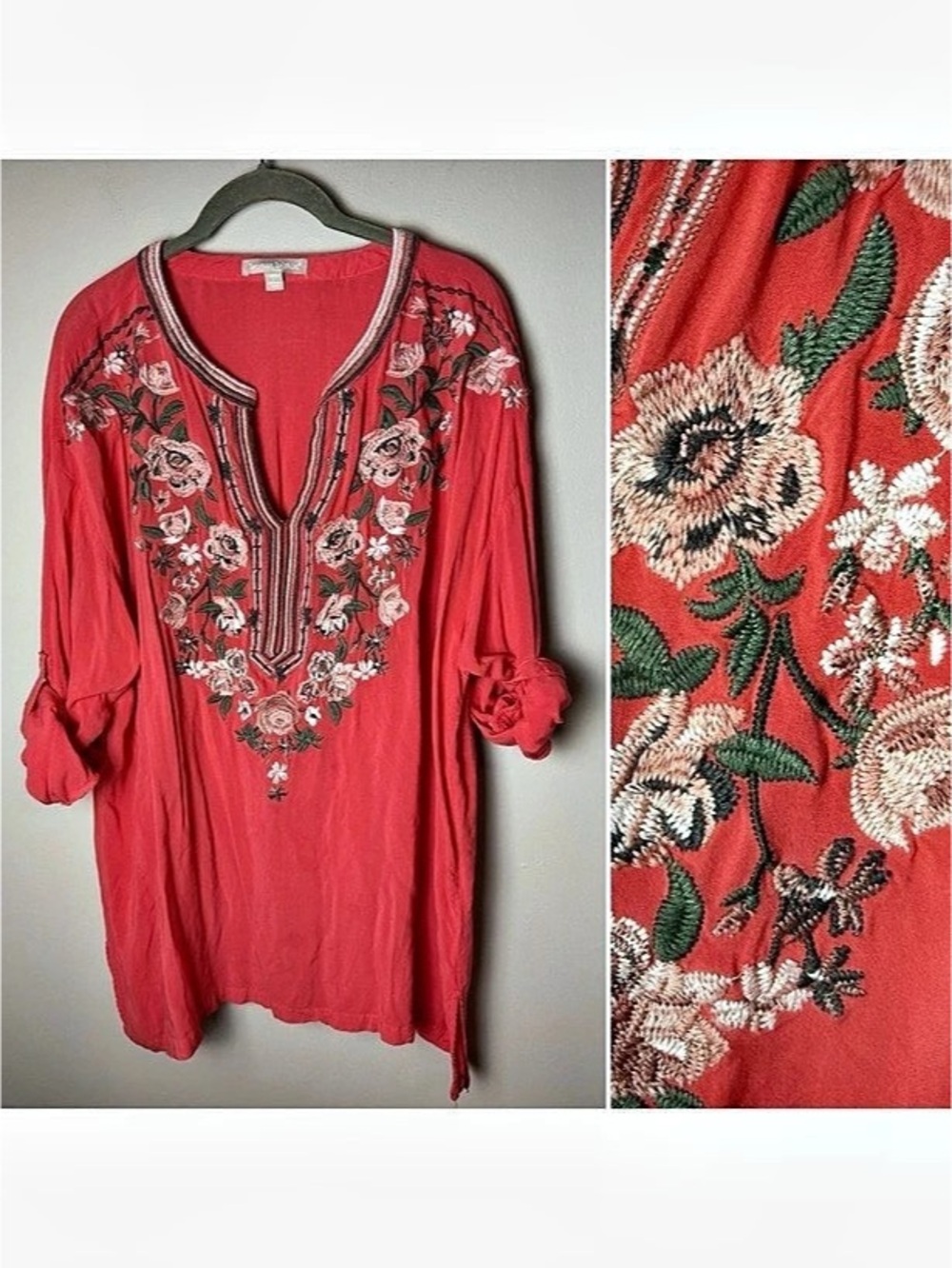Woman Within Tunic Top Plus Size 18W 20W Rayon Coral Pink Floral Embroidered